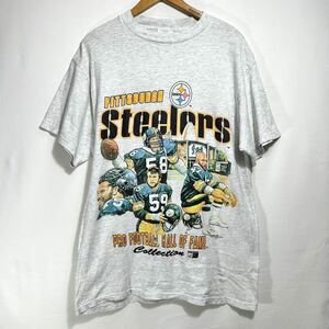 ■ ビンテージ NFL Pittsburgh Steelers スティーラーズ HALL OF FAME 選手 イラスト 半袖 Tシャツ サイズL グレー アメフト ストリート ■