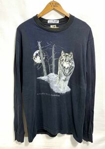 ■ 雰囲気◎ 90s ビンテージ CANADA製 FRUIT OF THE LOOM ウルフ オオカミ 雪 イラスト 長袖 Tシャツ ロンT サイズL 黒 ボロ アメカジ ■