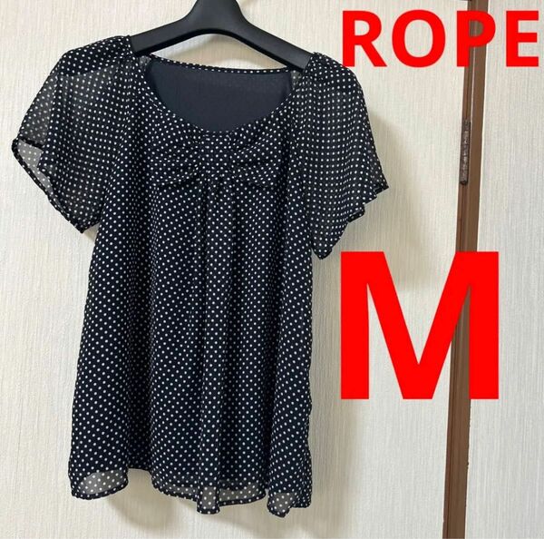 ROPEジュン紺×白ドット柄水玉ブラウス　M