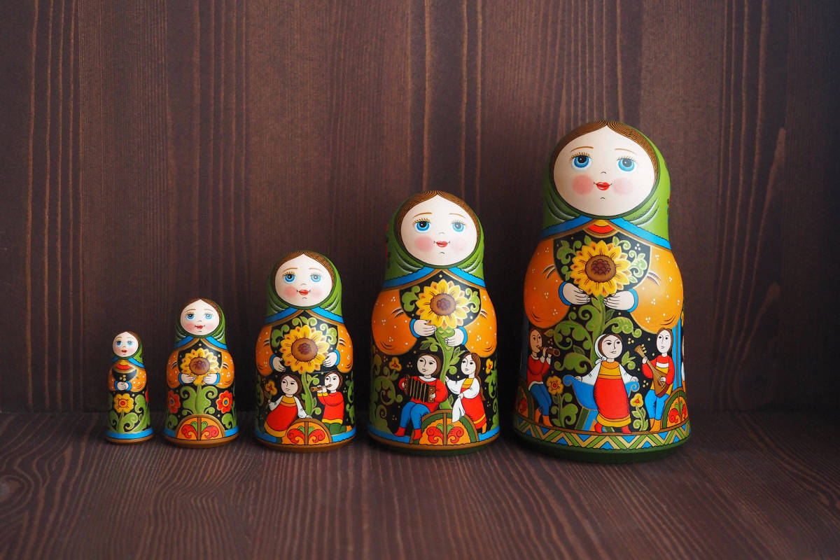 रूसी सामान ☆ सूरजमुखी Matryoshka (5P) ओल्गा Arkhangelsk बनाया, हस्तनिर्मित वस्तुएं, आंतरिक भाग, विविध वस्तुएं, आभूषण, वस्तु