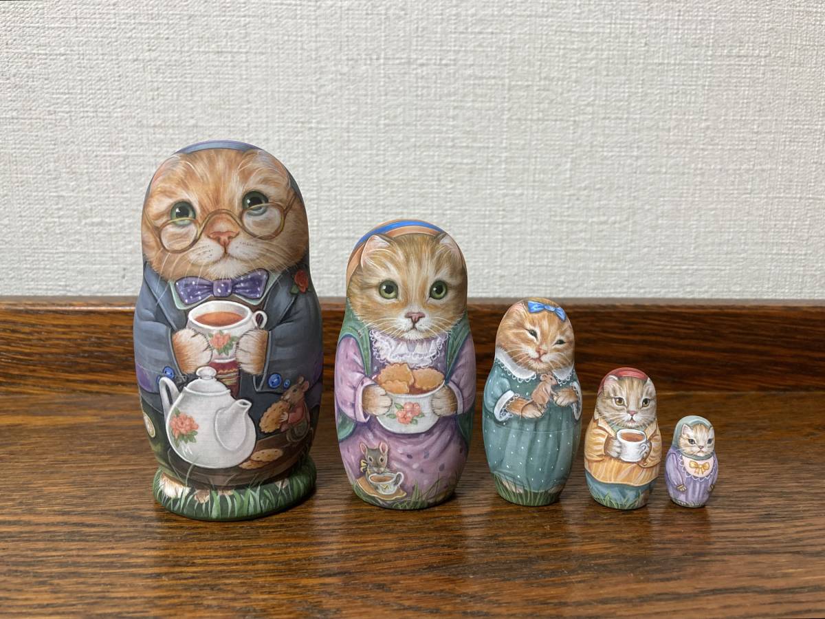 Russian goods ☆ Russian Tea Cat Matryoshka (5P) Lida Kobo, Handmade items, interior, miscellaneous goods, ornament, object