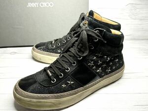 【即決】★箱保存袋付★ JIMMY CHOO メンズ 41 25.5cm程度 スタースタッズ ハイカット スニーカー ジミーチュウ 黒 ブラック 革靴 本革