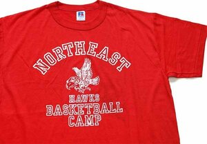 デッドストック★80s USA製 RUSSELLラッセル NORTHEAST HAWKS BASKETBALL CAMP マスコット Tシャツ 赤 L★C4 オールド ビンテージ スポーツ