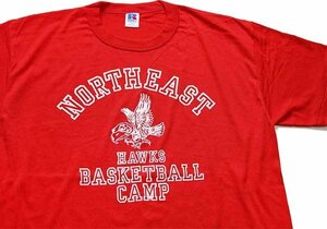 デッドストック★80s USA製 RUSSELLラッセル NORTHEAST HAWKS BASKETBALL CAMP マスコット Tシャツ 赤 L★B オールド ビンテージ スポーツ