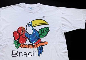 ★90s Brasil オオハシ 染み込みプリント アート コットンTシャツ 白★オールド ビンテージ ブラジル トゥカーノ 鳥 バード アマゾン