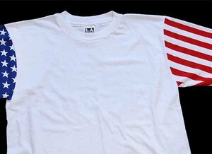 ★90s USA製 星条旗柄 切り替え コットンTシャツ 白 L★オールド フラッグ スター 国旗 トリコカラー クルーネック