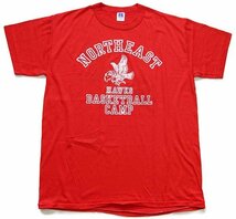 デッドストック★80s USA製 RUSSELLラッセル NORTHEAST HAWKS BASKETBALL CAMP マスコット Tシャツ 赤 L★C4 オールド ビンテージ スポーツ_画像2