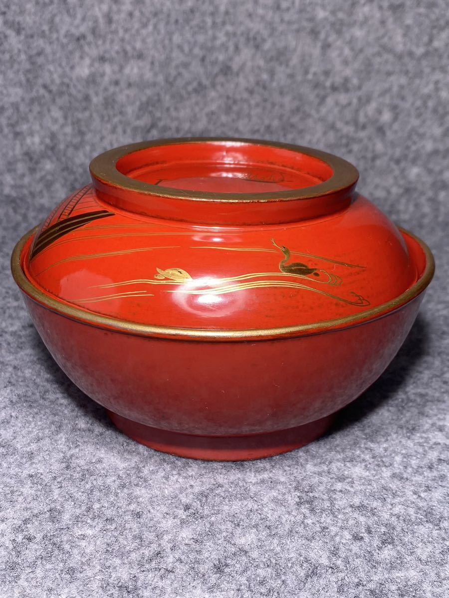 明治時代朱塗絵付け蓋椀9個セット13cm 漆器骨董明治器皿小皿茶碗漆塗り
