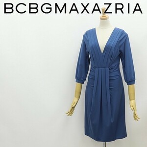 ◆BCBG MAXAZRIA マックスアズリア ストレッチ タック ドレープ 七分袖 ワンピース ライトブルー S