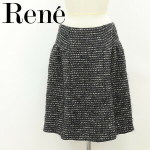 ◆Rene ルネ TISSUE社 モヘヤ混 ウール ギャザー スカート 黒 ブラック×アイボリー 36