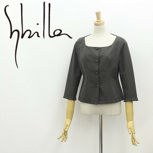 ◆Sybilla シビラ フリル 七分袖 コットン ノーカラー ジャケット チャコールカーキ 40