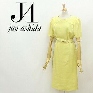 ◆jun ashida ジュンアシダ レザー切替ベルト リネン混 半袖 ワンピース イエロー 9