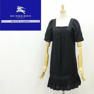 ◆BURBERRY BLUE LABEL バーバリー ブルーレーベル ロゴ刺繍 コットン シャーリング スクエアネック ワンピース 黒 ブラック 36