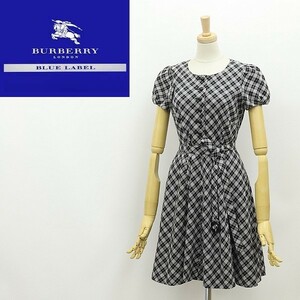 ◆BURBERRY BLUE LABEL バーバリーブルーレーベル チェック柄 パフスリーブ ベルテッド フレア ワンピース 36