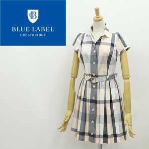 ◆BLUE LABEL CRESTBRIDGE ブルーレーベル クレストブリッジ チェック柄 コットン ギャザー フレア ベルテッド シャツ ワンピース 34