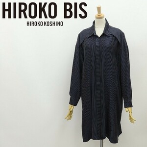 美品◆HIROKO BIS ヒロコ ビス 光沢感 ストライプ柄 シャツ ワンピース 紺 ネイビー 9