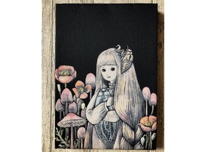 星月猫★アート「蝉を抱く少女」絵画　SM　木製パネル貼り22.7cmｘ15.8cm　厚み２㎝　「001」