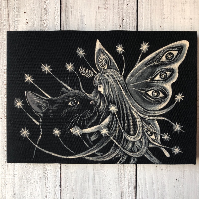 The Princess of Insects and the Black Cat SM size Artwork original Cat Yoko Tokushima's work ★ Starry sky cat, Artwork, Painting, acrylic, Gash