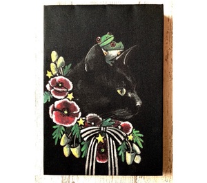 星月猫★アート「黒猫」絵画　SM 複製画　木製パネル貼り22　「011」アクリル画　猫絵