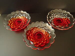 昭和レトロ・アンテーク・手作り高級ガラス皿X３枚・赤模様ガラス皿