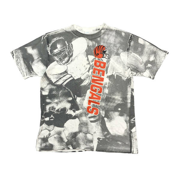 90S USA製 ヴィンテージ NFL シンシナティベンガルズ アメフト 総柄プリント Tシャツ メンズL シングルステッチ 古着 アメカジ BA1883