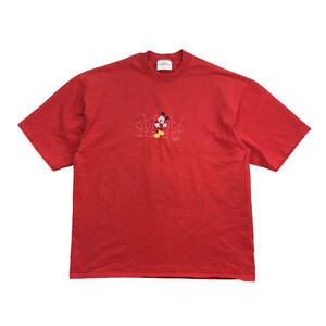 90S USA製 ヴィンテージ ディズニー ミッキーマウス 刺繍プリント キャラクター Tシャツ メンズL レッド 古着 BA1893