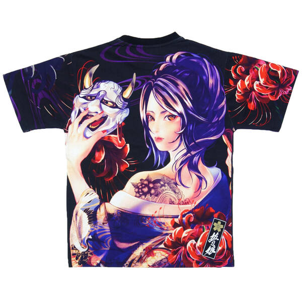 送料無料 抜刀娘 半袖 Tシャツ 232838 黒 col25 3L(XXL) 娘達の夏夜 般若 彼岸花 和柄 和風 メンズ 薄手 美麗 刺青 タトゥー プリント 新品