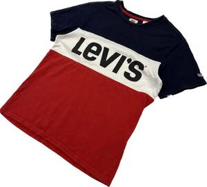 LEVIS ☆ トリコカラー◎ ロゴプリント◎ 半袖 Tシャツ ネイビー ホワイト レッド メンズ S 男女兼用 アメカジ 古着MIX リーバイス■EB234