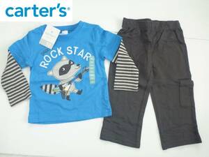 新品 carter's カーターズ ★お出かけ 水色×グレー　ボーダー　たぬき　重ね着風Tシャツ　カーゴパンツ　12ｍ…身長70～80