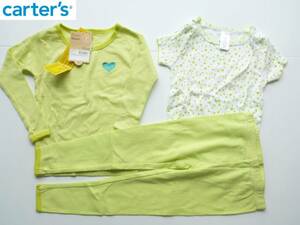 未使用　carter's カーターズ ★黄緑×白　ボーダー　ハート　3点セット　長袖 半袖　上下セット　パジャマ　2ｔ　身長90㎝、13-14㎏　