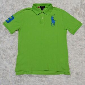 ★⑦★POLO★ラルフローレン★ラルフローレン(株)★ 黄緑グリーン色★デカポロ刺繍付きの半袖ポロシャツ●　L（１４・１６）　160/８０