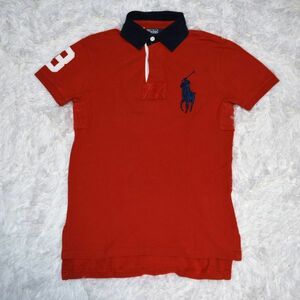 ⑬★POLO★ラルフローレン★ラルフローレン(株)★ 赤紺デカポロ刺繍付きの半袖台襟付きシャツ　XS　165