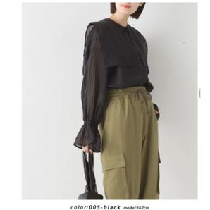 シアーストライプビッグカラー長袖ブラウス 新品 未使用 ブラック
