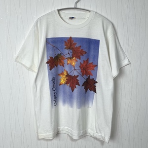 90s 紅葉 もみじ 楓 カエデ Tシャツ カナダ メイプルリーフ メンズL 白 ビンテージ 古着 アート