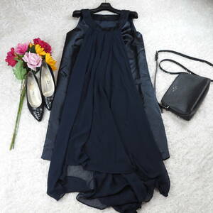 G694*COMME CA ISM Comme Ca Ism *A line * pleat * chiffon * satin * no sleeve * One-piece * navy blue navy *L