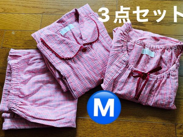  授乳服　 赤チェック柄　マタニティウエアー　半袖パジャマ＆ 長袖 ワンピース　パジャマ　出産準備　Mサイズ春夏秋用　3点セット