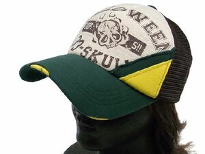 メッシュキャップ グリーン x ブラウン ダメージ加工 ドクロプリント スナップバック 緑 茶 メンズ レディース 帽子