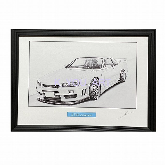 NISSAN Skyline R34 25GT Coupe [Pencil Drawing] Famous Car Old Car Illustration A4 Size Framed Signed, artwork, painting, pencil drawing, charcoal drawing