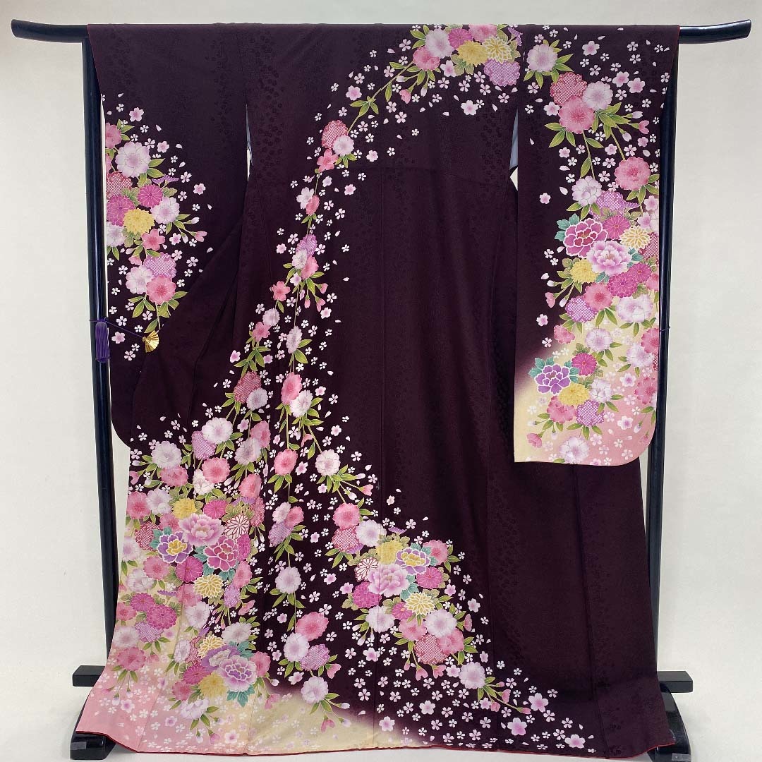 中古振袖正絹美品花柄M サイズ赤絞りラメ入り成人式古典裄66.5cm 身丈