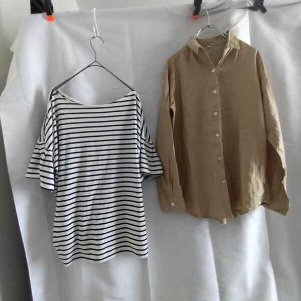 2枚セット 長袖シャツ 茶色 Lサイズ ボーダーTシャツLサイズ 古着感有り
