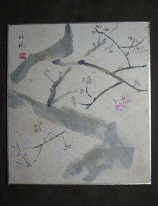  island rice field Kashiwa .[ red-blossomed plum tree ] square fancy cardboard ( paper book@ autograph genuine work )/ Japanese picture house Tokyo raw flat luck 100 .. . person flowers and birds .. talent . make . exhibition writing exhibition day exhibition go in selection 