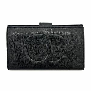 シャネル CHANEL キャビアスキン 二つ折り財布 ウォレット 黒 ブラック 小銭入れあり がま口 ボタン 人気 大人 財布 ゴールド ヴィンテージ