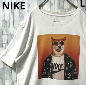 NIKE ナイキ 半袖 Tシャツ サイズL デカロゴ ビッグロゴ スウォッシュ ホワイト 犬柄 ドッグ サングラス アニマル 送料無料