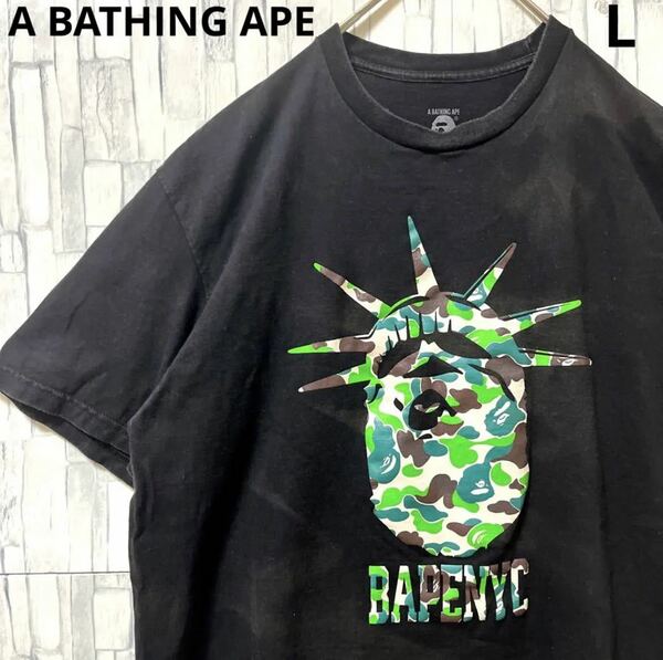 A BATHING APE アベイシングエイプ 半袖 Tシャツ サイズL デカロゴ ビッグロゴ ブラック カモフラ 迷彩 送料無料