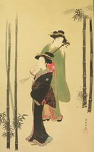 勝川春章 竹林の二美人 絹本 肉筆 合わせ箱 江戸時代の浮世絵師 美人画 掛軸 軸装品_画像2