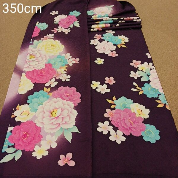 0061602　正絹　紫色　花柄　シルク350cm　はぎれ　ハギレ　リメイク　ハンドメイド