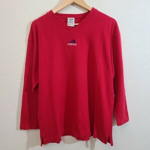 ☆adidas/アディダス/90s/メンズ/長袖/Tシャツ/鹿の子生地/レッド/アメリカ製/made in usa/ワンポイント/トップス