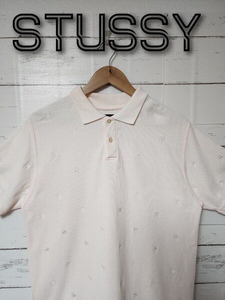 STUSSY ステューシー ポロシャツ 総柄 白 L スカル ホワイト 古着 刺繍ロゴ