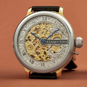 アンティーク/ヴィンテージA. Lange & Sohne 懐中時計を アレンジした50mm シルバーダイヤルレザーバンドの腕時計ドイツ製