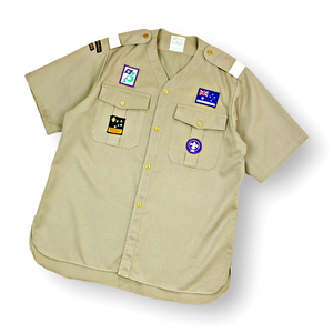 ★70s ビンテージ Relco ノーカラーシャツ ボーイスカウトシャツ ワッペン付き ユリの紋章